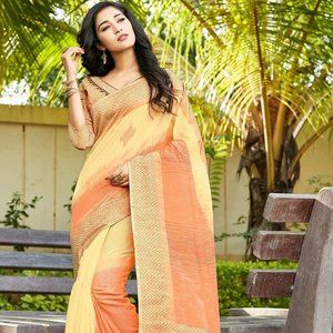JHEAPS ORANGE COTTON DUAL SHADE WOVEN SAREE